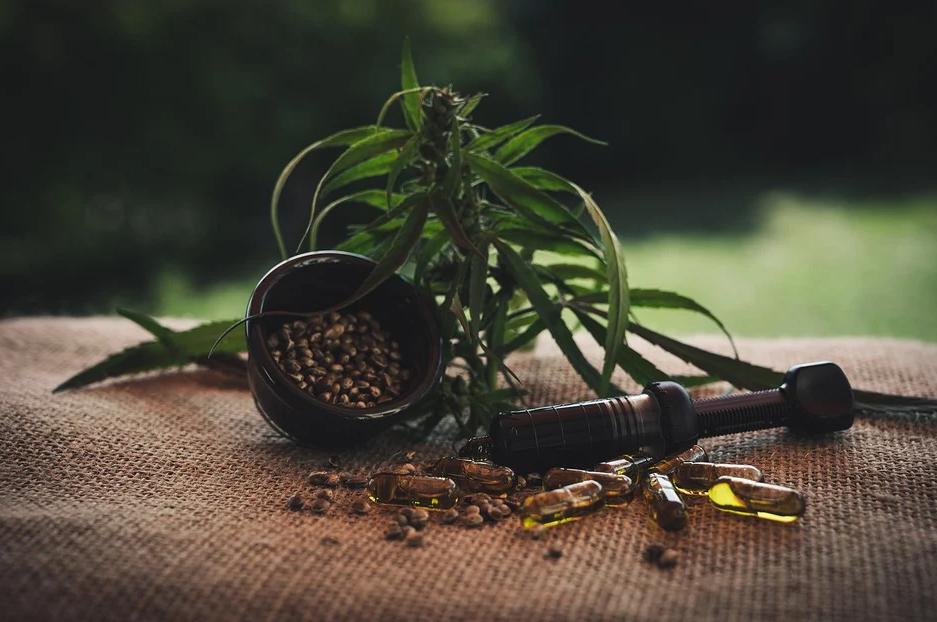 CBD oil with hemp seeds and leaf